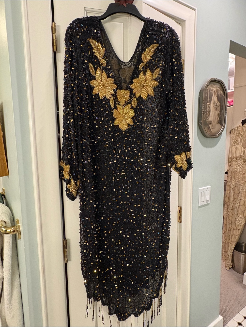 Vintage Black & Gold Hand-Beaded Evening Dress